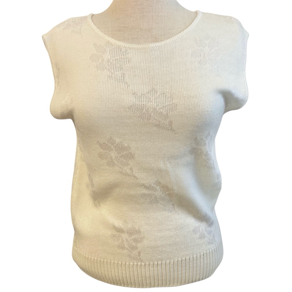 Vintage 80’s 90’s Sweater Vest Knit Tank Top Sleeveless Shirt White Ivory Flower